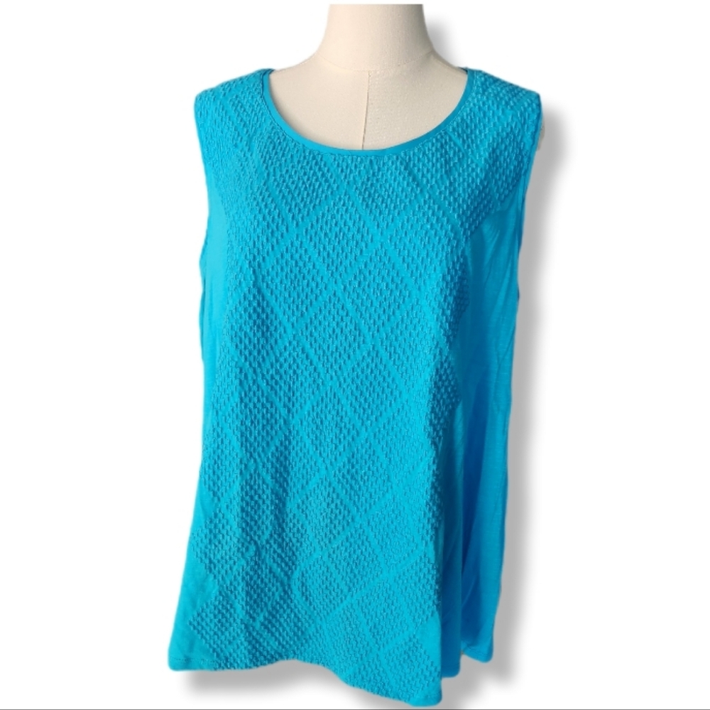 Coldwater Creek 100% Cotton  Blue W/Diamond Detail Front Boxy Tank Top 2X